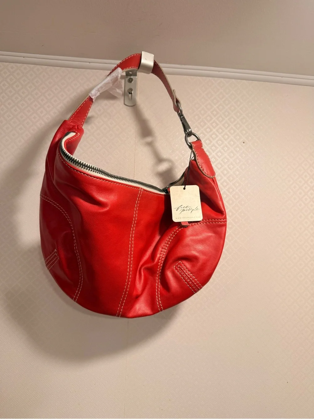 NWT Free People Red Leather Hobo Crescent Shoulder Bag